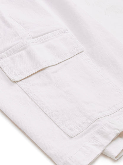 Knit N Knot Boys Solid Denim Cargo Shorts, White Stretch Denim Shorts Knee Length, Summer Cotton Casuals, Elastic with Drawstring, Kids Comfortable Fashion Wear