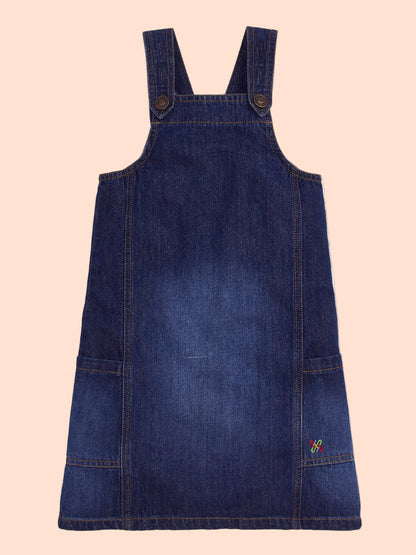 Knit N Knot Girls Premium Blue Denim Dungaree Dress | Adjustable Straps, Bib Pocket, Casual & Party | Soft Cotton-Rich Jeans Overall for Kids and Teenagers