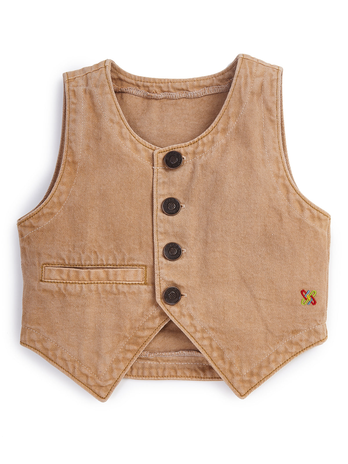 Knit N Knot Girls' Brown Cotton Denim Waistcoat Style Sleeveless Denim Top with Front Buttons