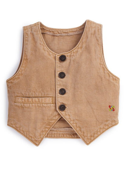 Knit N Knot Girls' Brown Cotton Denim Waistcoat Style Sleeveless Denim Top with Front Buttons