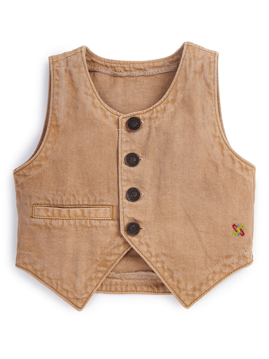 Knit N Knot Girls' Brown Cotton Denim Co-ord Set | Waistcoat Style Top with Cargo Jeans