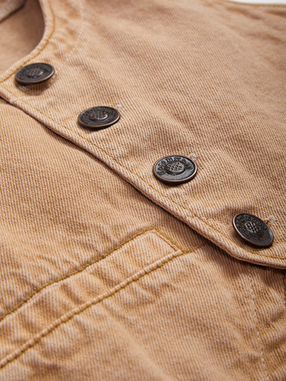 Knit N Knot Girls' Brown Cotton Denim Waistcoat Style Sleeveless Denim Top with Front Buttons
