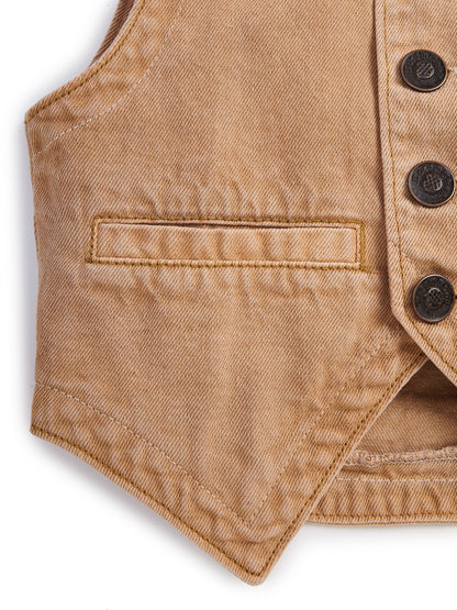 Knit N Knot Girls' Brown Cotton Denim Waistcoat Style Sleeveless Denim Top with Front Buttons