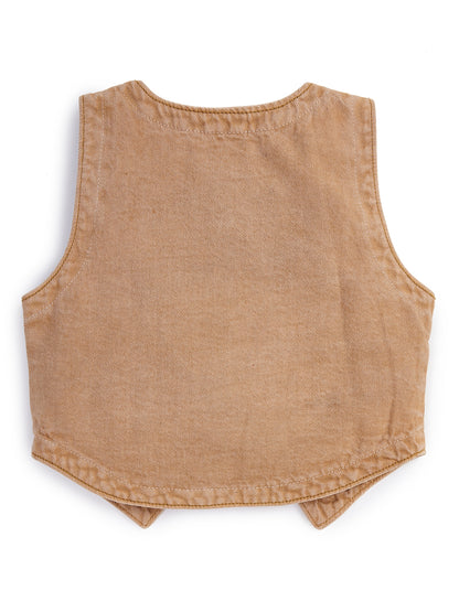 Knit N Knot Girls' Brown Cotton Denim Waistcoat Style Sleeveless Denim Top with Front Buttons