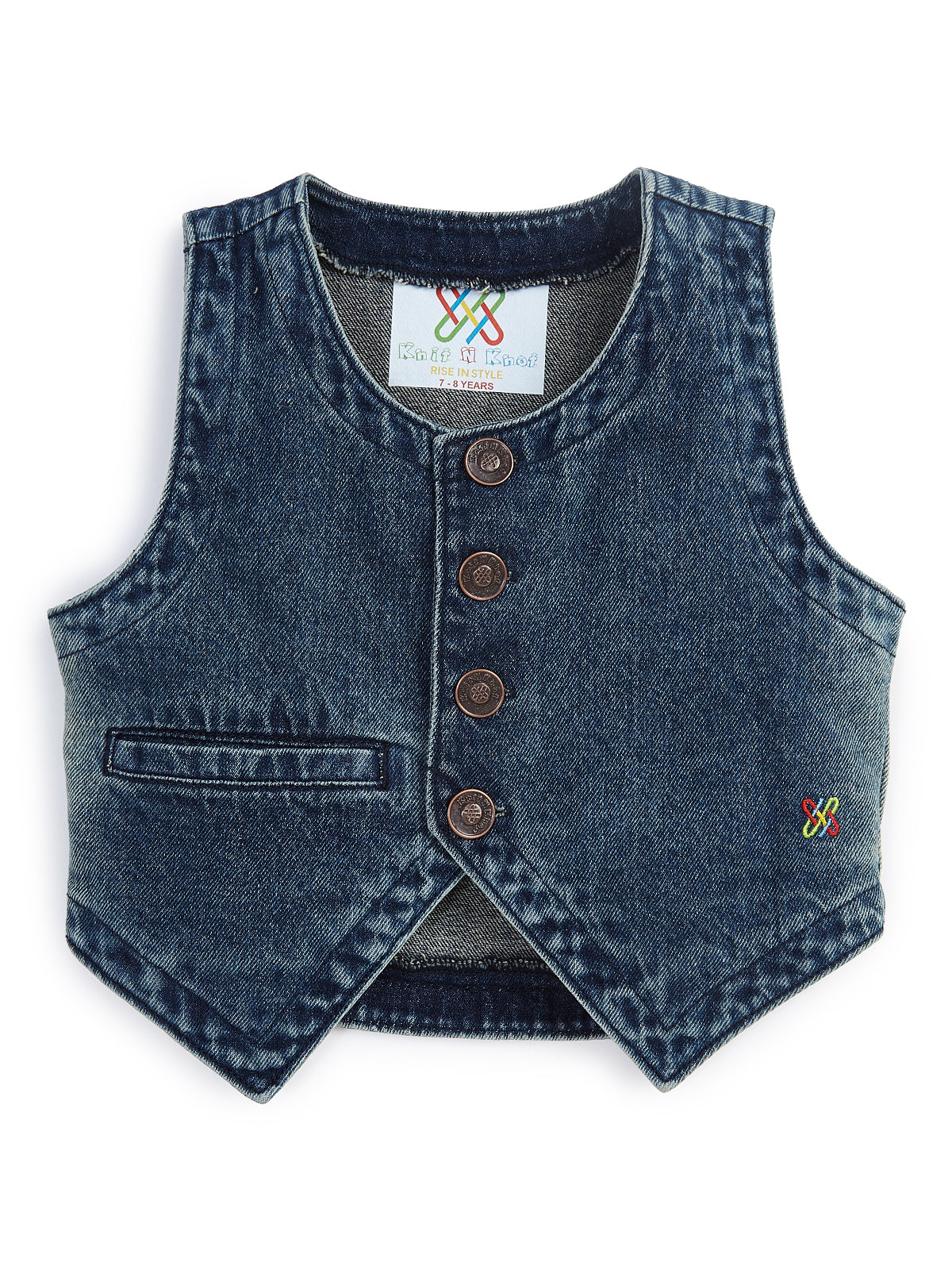 Knit N Knot Girls' Blue Faded Denim Waistcoat Top with Embellished Buttons & Pocket