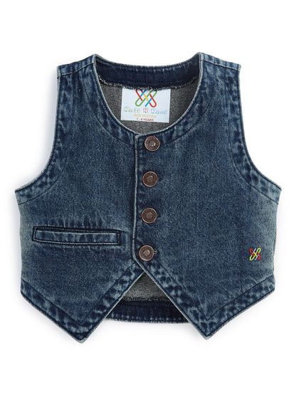 Knit N Knot Girls' Blue Faded Denim Waistcoat Top with Embellished Buttons & Pocket