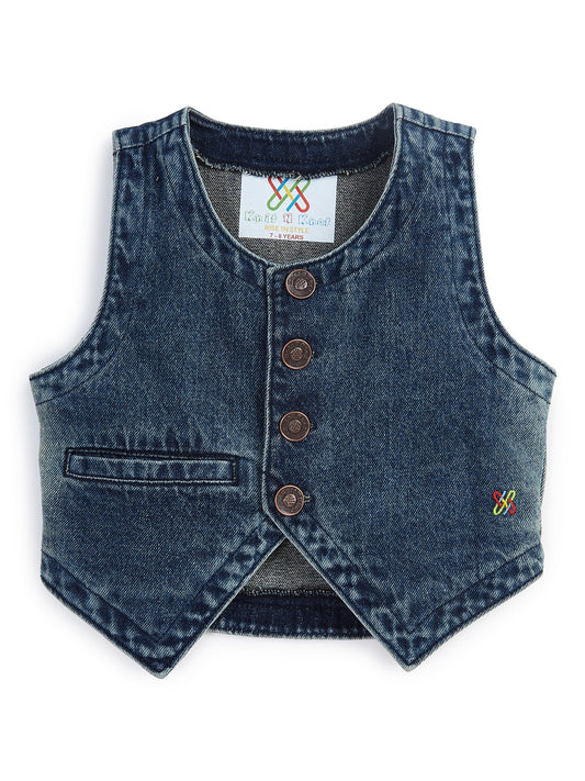 Knit N Knot Girls' Blue Faded Denim Co-ord Set | Waistcoat Style Top with High Waist Wide Flaring Fit Jeans | Cotton Denim Co-Ord Set for Girls