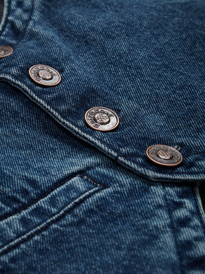 Knit N Knot Girls' Blue Faded Denim Waistcoat Top with Embellished Buttons & Pocket