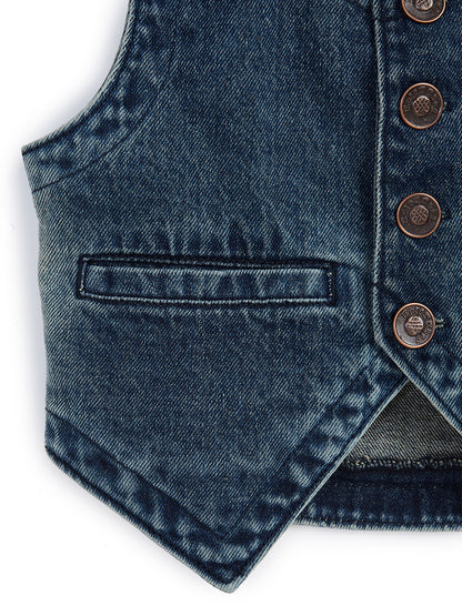 Knit N Knot Girls' Blue Faded Denim Waistcoat Top with Embellished Buttons & Pocket