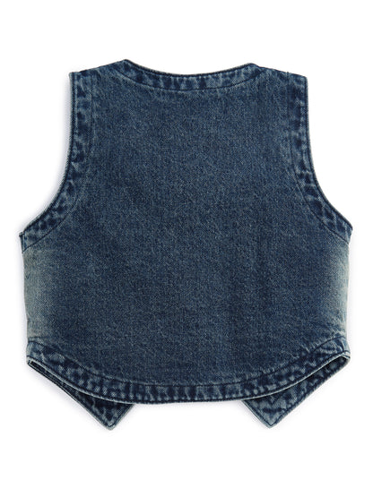 Knit N Knot Girls' Blue Faded Denim Waistcoat Top with Embellished Buttons & Pocket