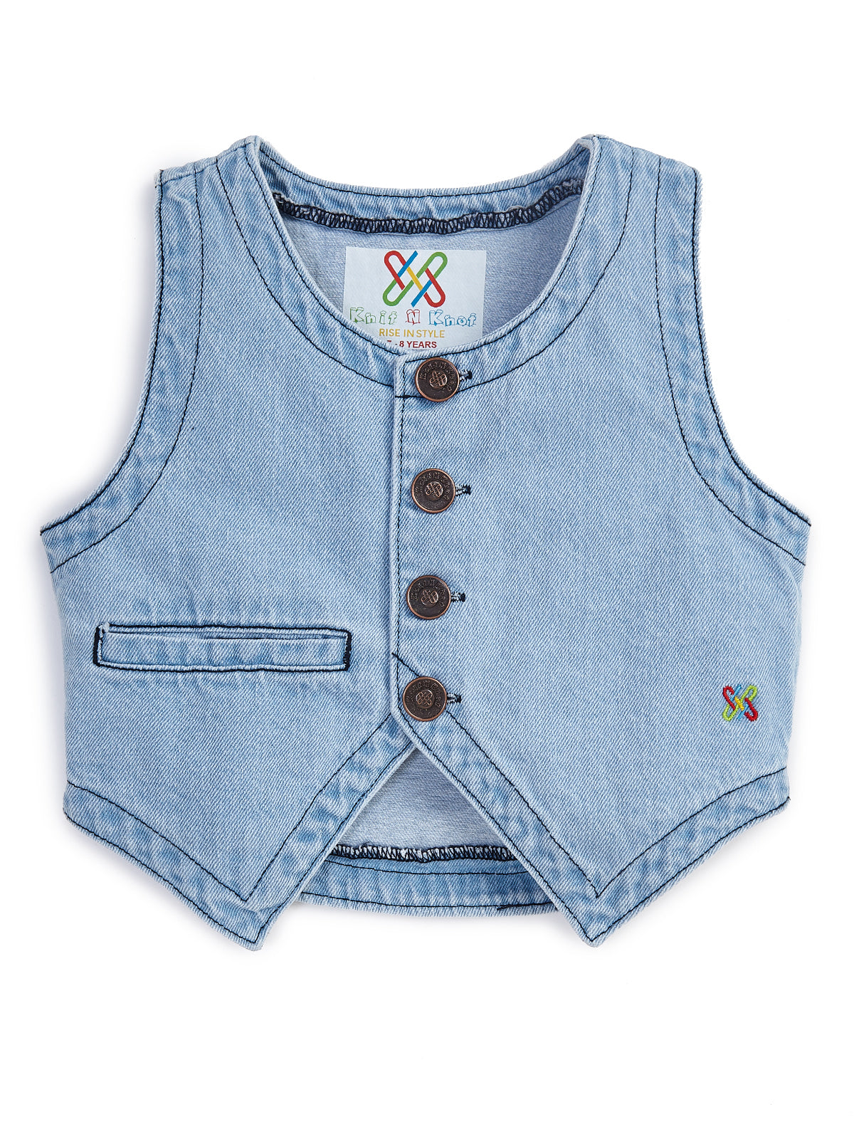 Knit N Knot Girls' Light Blue Faded Cotton Denim Co-Ord Set | Waistcoat Style Top with Cargo Jeans