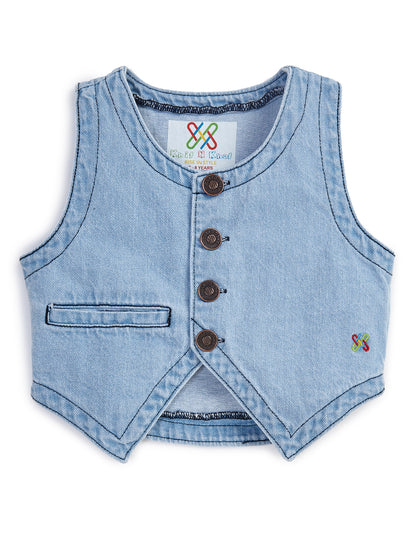 Knit N Knot Girls' Light Blue Faded Cotton Denim Co-Ord Set | Waistcoat Style Top with Cargo Jeans