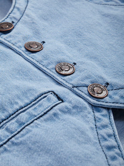 Knit N Knot Girls' Light Blue Cotton Denim Waistcoat Style Sleeveless Denim Top with Front Buttons
