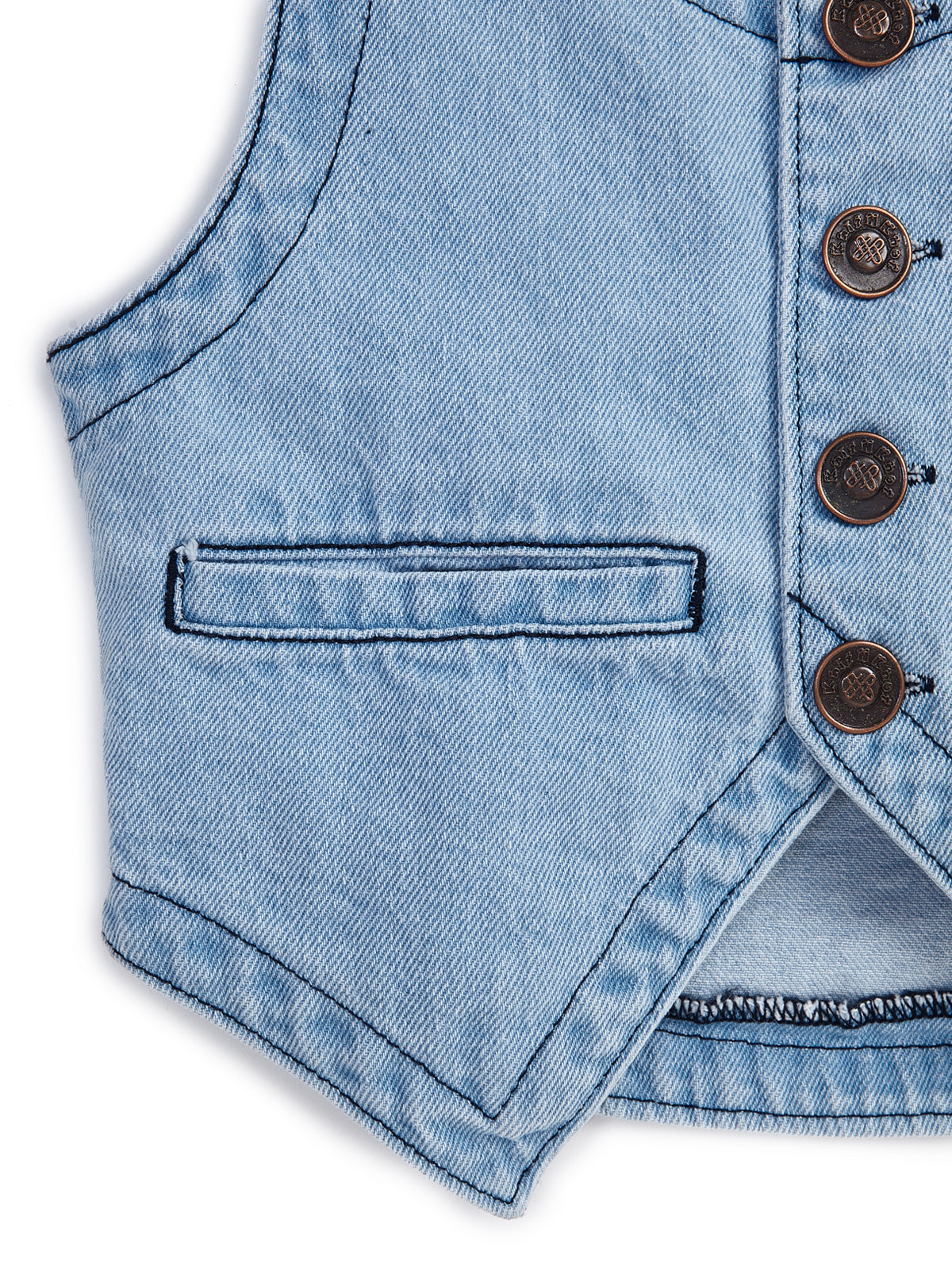 Knit N Knot Girls' Light Blue Cotton Denim Waistcoat Style Sleeveless Denim Top with Front Buttons