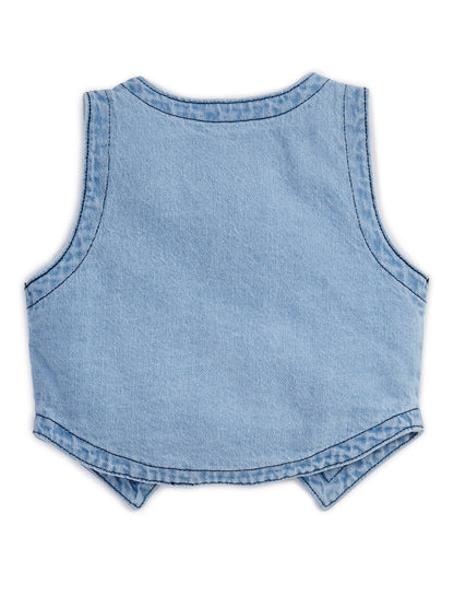 Knit N Knot Girls' Light Blue Faded Cotton Denim Co-Ord Set | Waistcoat Style Top with Cargo Jeans