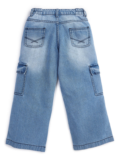 Knit N Knot Girls' Light Blue Faded Cotton Denim Co-Ord Set | Waistcoat Style Top with Cargo Jeans