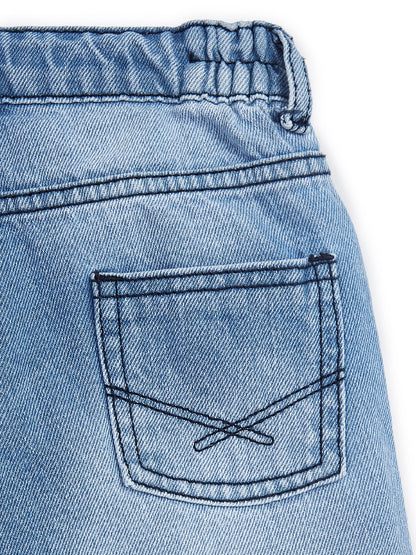 Knit N Knot Girls' Light Blue Elastic Waist Wide Flared Fit 7 Pockets Cotton Denim Cargo Jeans