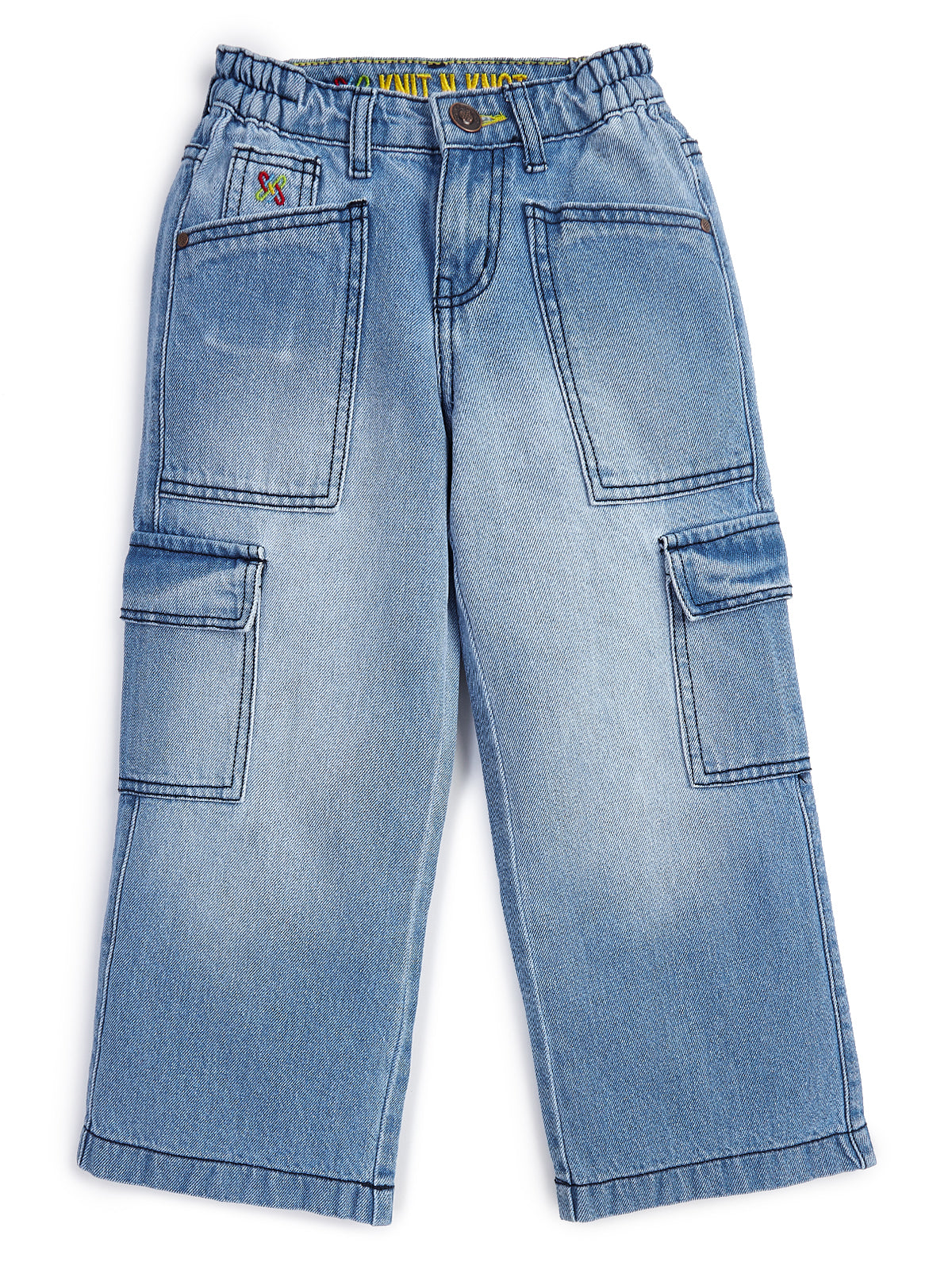 Knit N Knot Girls' Light Blue Faded Cotton Denim Co-Ord Set | Waistcoat Style Top with Cargo Jeans
