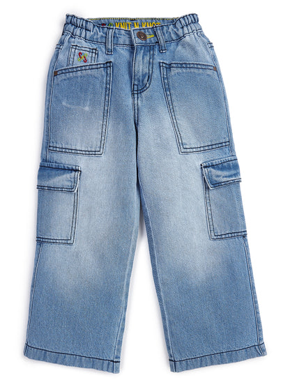 Knit N Knot Girls' Light Blue Faded Cotton Denim Co-Ord Set | Waistcoat Style Top with Cargo Jeans