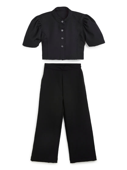 Knit N Knot Girls' Black Viscose Crepe Co-Ord Set of Mandarin Collar Puff Sleeve Top & Wide Leg Palazzo