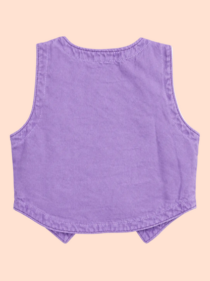 Knit N Knot Girls Dyed Purple Washed Denim Waistcoat with Embroidered Logo | Full Front Open