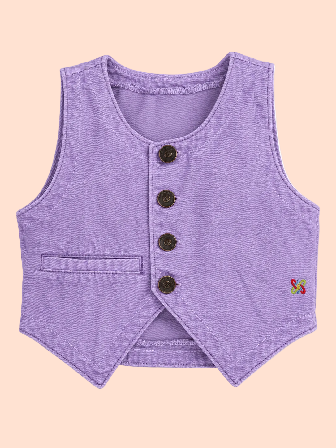 Knit N Knot Girls Dyed Purple Washed Denim Waistcoat with Embroidered Logo | Full Front Open