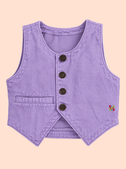 Knit N Knot Girls Dyed Purple Washed Denim Waistcoat with Embroidered Logo | Full Front Open