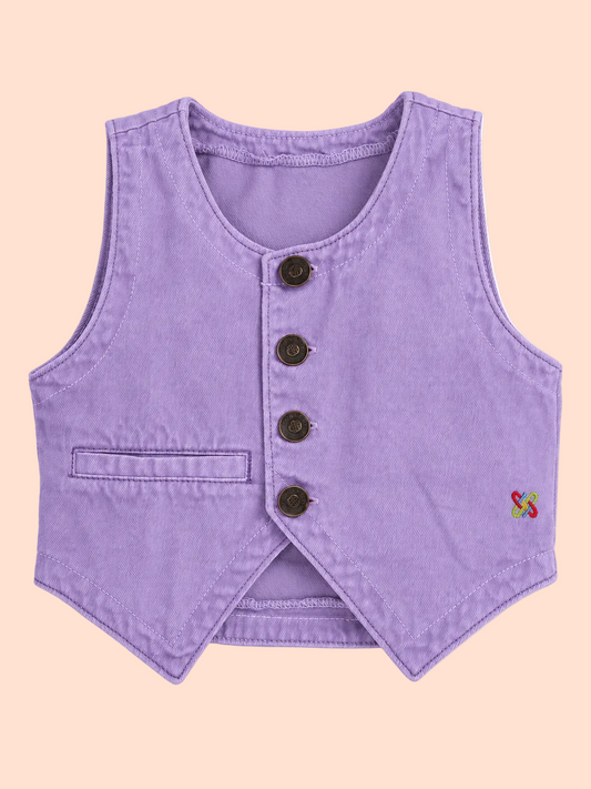Knit N Knot Girls Dyed Purple Washed Denim Waistcoat with Embroidered Logo | Full Front Open