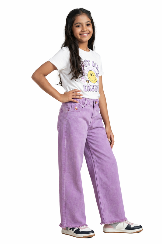 Knit N Knot Girl's Wide Flared Fit, High Waist Frayed Bottom Lavender/ Purple Jeans