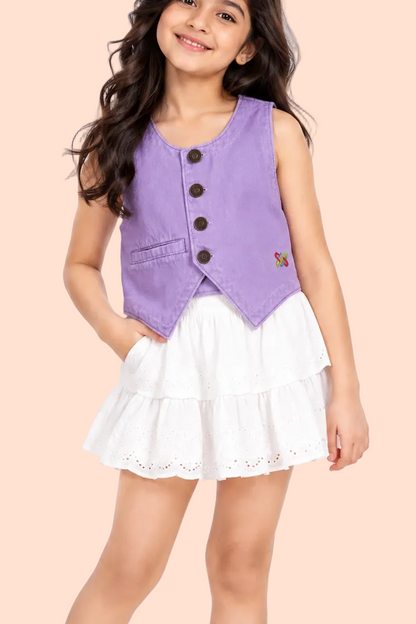 Knit N Knot Girls Dyed Purple Washed Denim Waistcoat with Embroidered Logo | Full Front Open