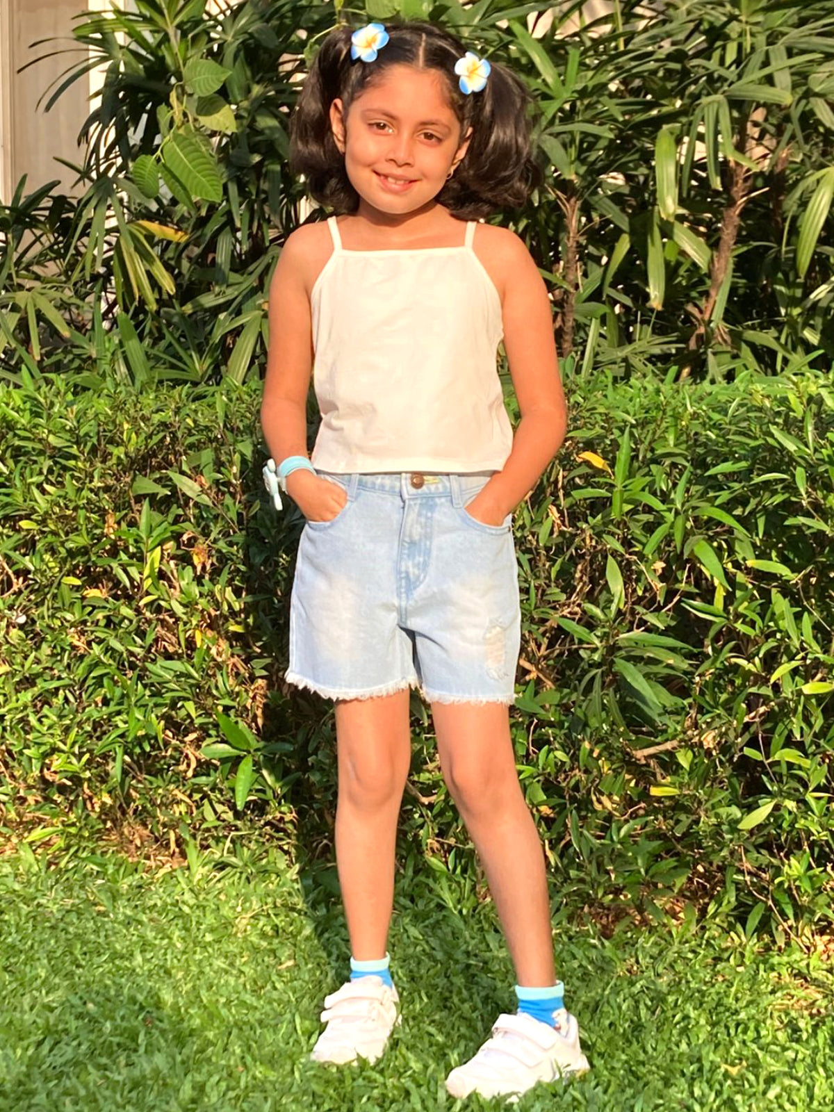 Knit N Knot Girls' Cotton Denim Shorts – Mid-Rise, Thigh-Length, Breathable, and Comfortable | Ruptured, Distressed, Faded | Stylish Casual Wear with Adjustable Waist and 5 Pockets