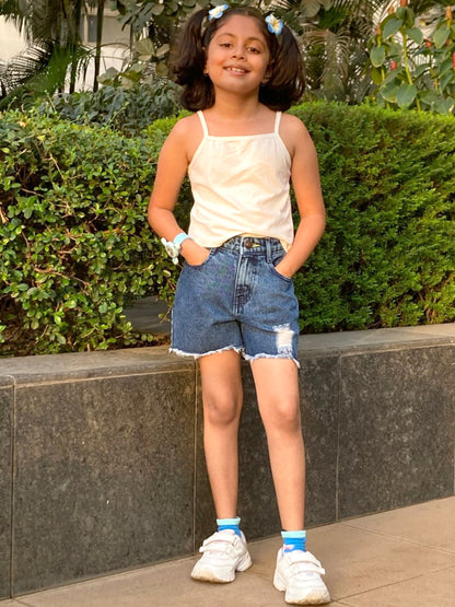 Knit N Knot Girls Blue Cloud Washed Tearing Open Fringe Shorts