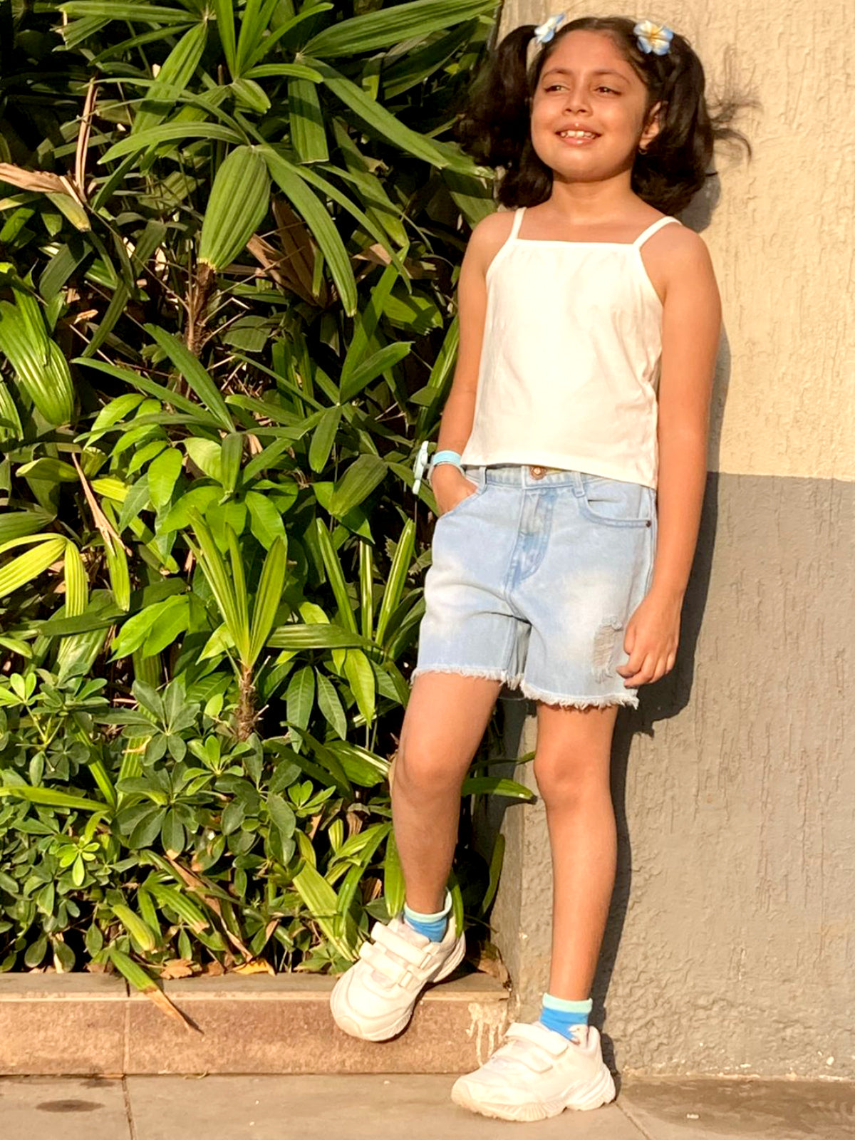 Knit N Knot Girls' Cotton Denim Shorts – Mid-Rise, Thigh-Length, Breathable, and Comfortable | Ruptured, Distressed, Faded | Stylish Casual Wear with Adjustable Waist and 5 Pockets