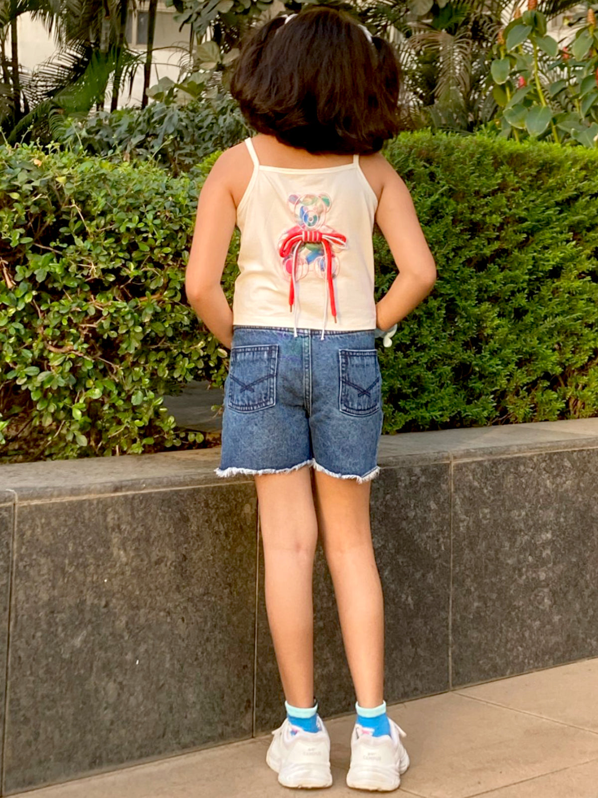 Knit N Knot Girls Blue Cloud Washed Tearing Open Fringe Shorts