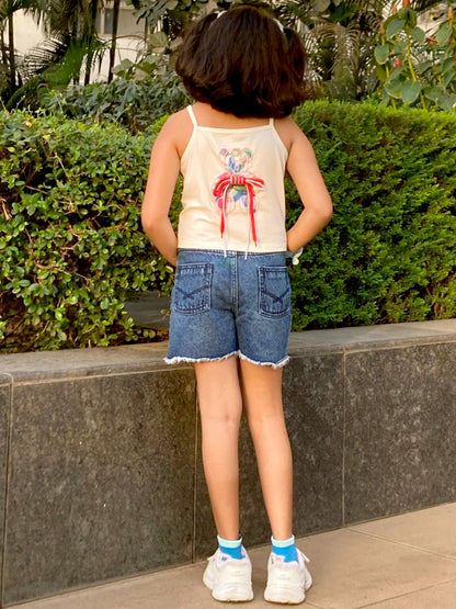 Knit N Knot Girls Blue Cloud Washed Tearing Open Fringe Shorts