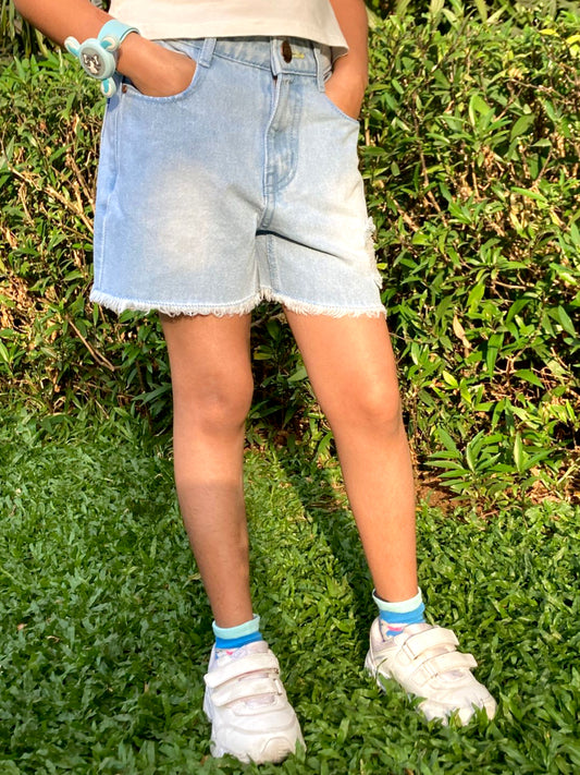 Knit N Knot Girls' Cotton Denim Shorts – Mid-Rise, Thigh-Length, Breathable, and Comfortable | Ruptured, Distressed, Faded | Stylish Casual Wear with Adjustable Waist and 5 Pockets