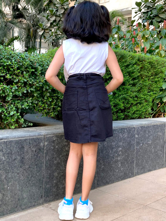 Knit N Knot Girls Black Denim A-Line Skirt High Waist Button Front Mini Skirt with Pockets | Above Knee Length | Casual Stylish Kidswear