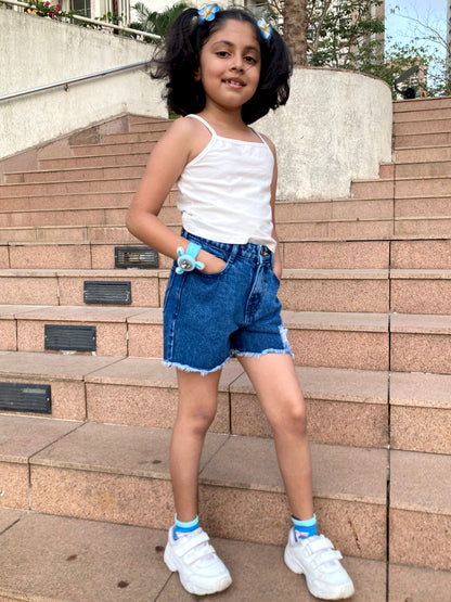Knit N Knot Girls Blue Cloud Washed Tearing Open Fringe Shorts