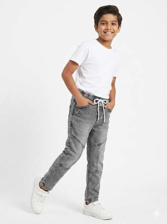 Knit N Knot Boys' Faded Grey Stretchable Cotton Denim Jogger with Drawstring & Elasticated Waist
