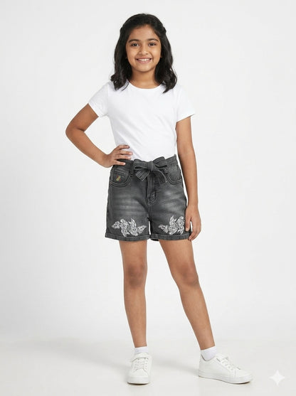 Knit N Knot Girls Black Faded Embroidered Denim Shorts with Tie-Up Belt & Elastic Waist