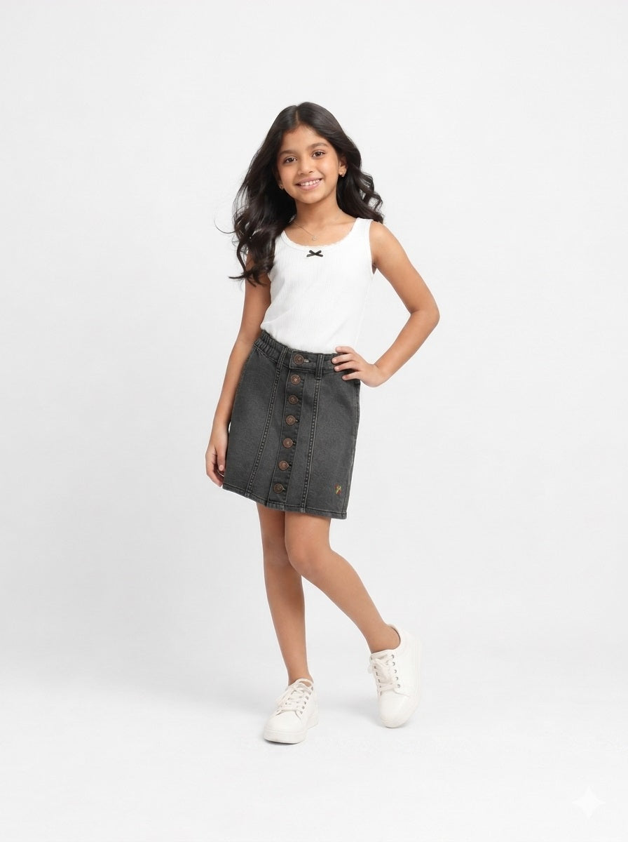 Knit N Knot Girls' Black Faded Denim Front Open Button-Down A-Line Skirt