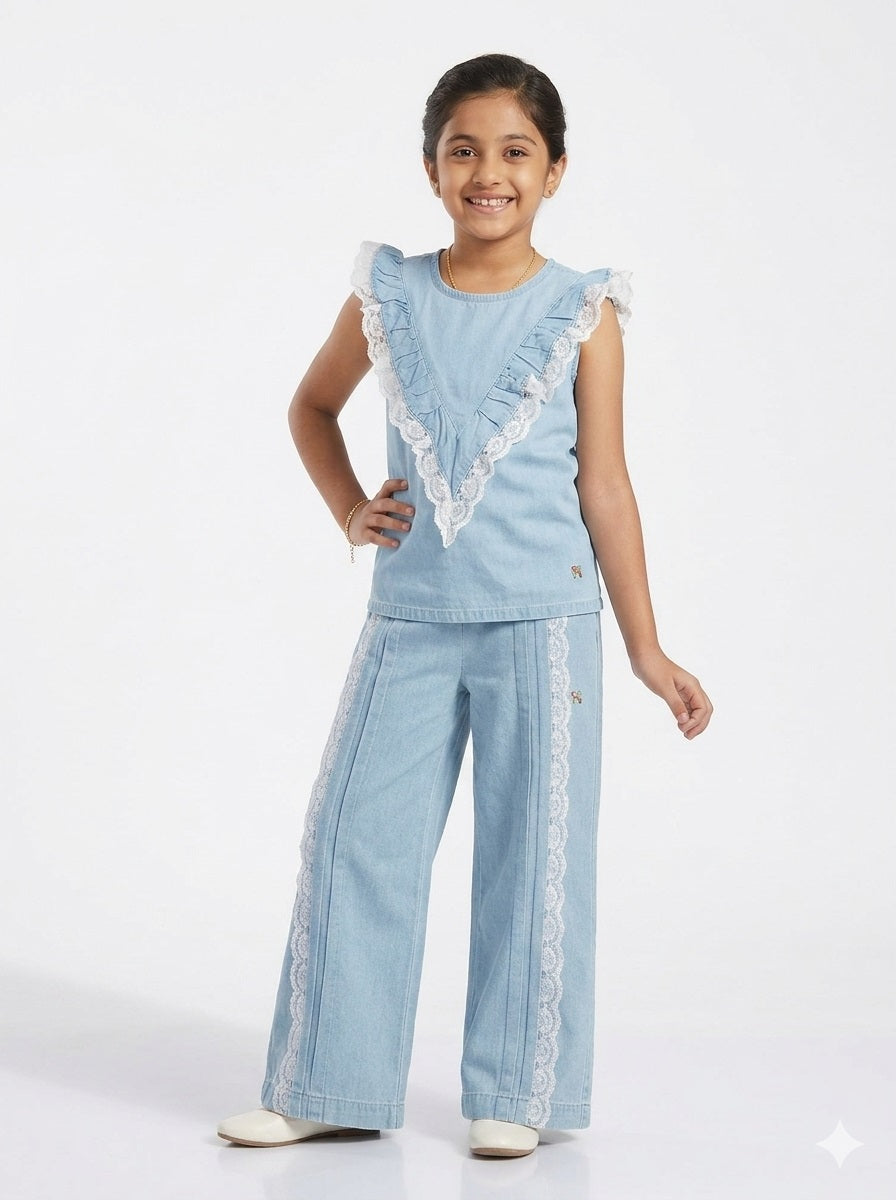 Knit N Knot Girls' Light Blue Denim Co-ord Set of Sleeveless V-Lace Top & Lace Embellished Wide Leg Palazzo