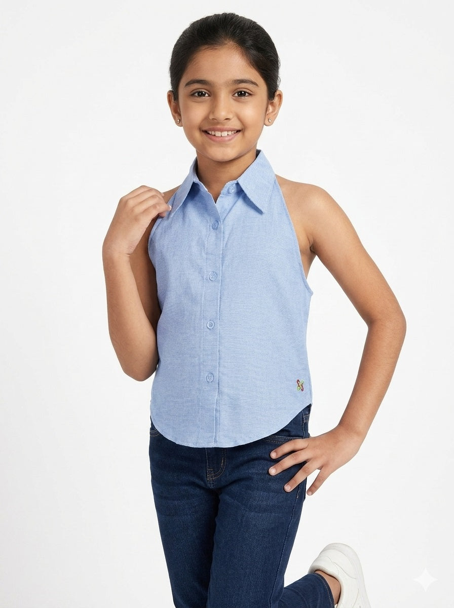 Knit N Knot Girls' Light Blue Denim Sleeveless Collared Top with Asymmetric Back