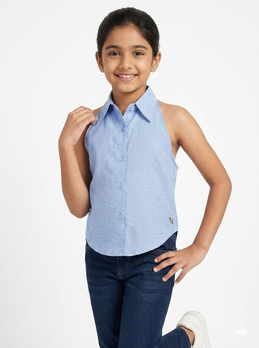 Knit N Knot Girls' Light Blue Denim Sleeveless Collared Top with Asymmetric Back