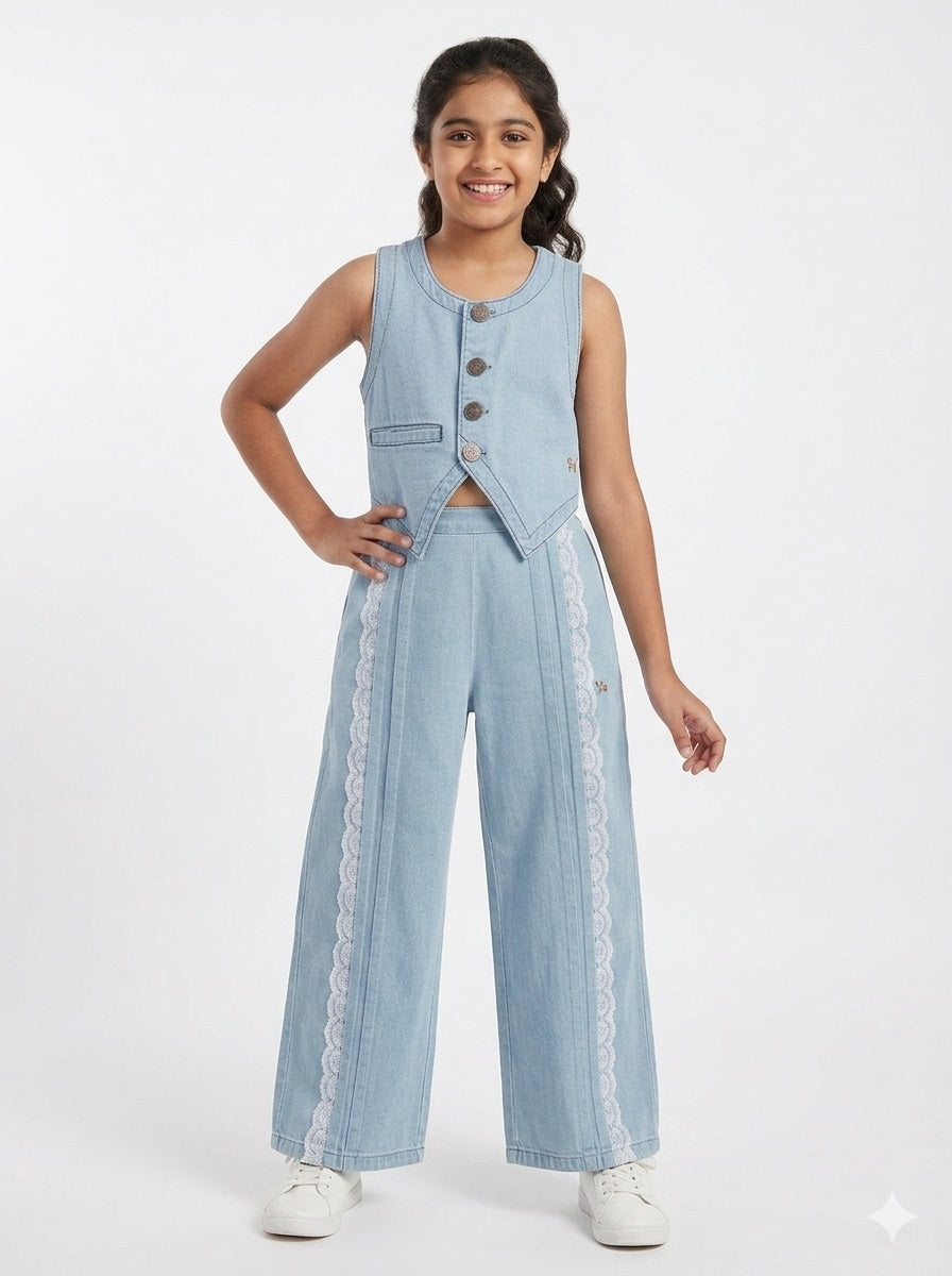 Knit N Knot Girls' Light Blue Cotton Denim Co-ord Set of Sleeveless Waistcoat Top with Lace Panel Wide Leg Palazzo