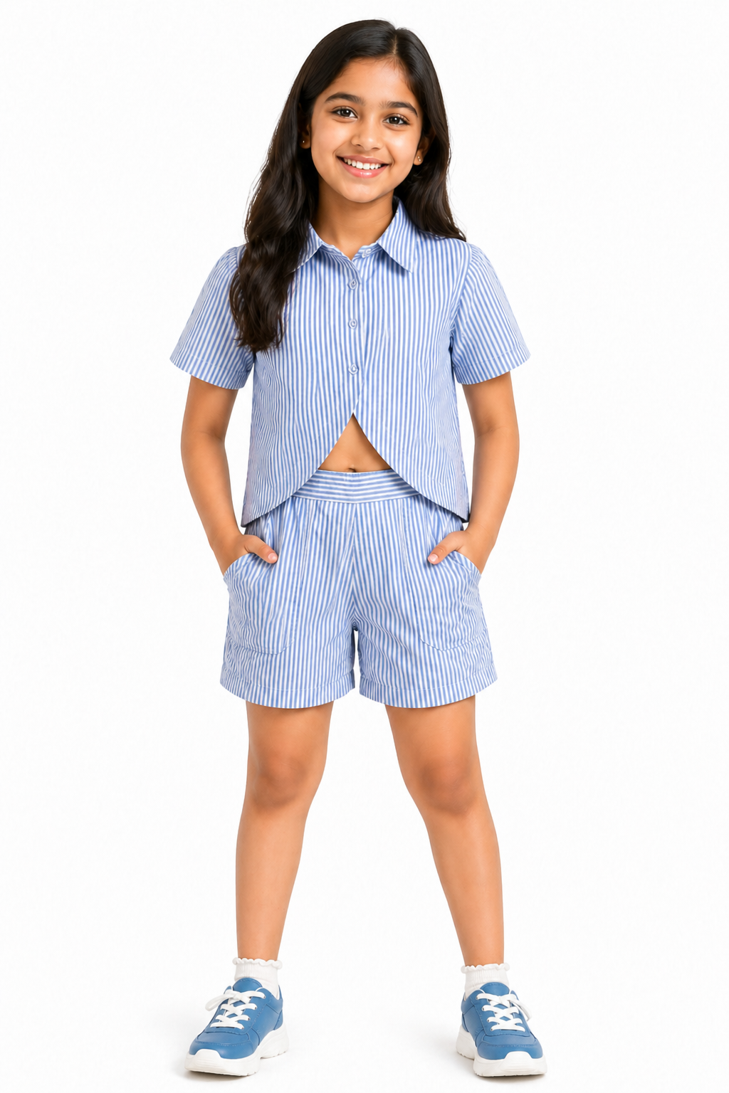 Knit N Knot Girls' Blue & White Striped Co-ord Set of Oxford Shirt Style Cotton Top with Shorts