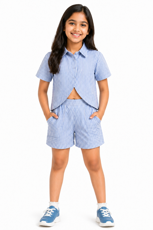 Knit N Knot Girls' Blue & White Striped Co-ord Set of Oxford Shirt Style Cotton Top with Shorts