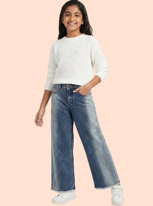 Knit N Knot Girls' Blue Side Faded High Waist Wide Flaring Fit Cotton Denim Jeans