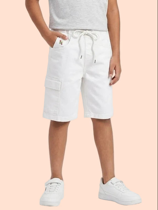 Knit N Knot Boys Solid Denim Cargo Shorts, White Stretch Denim Shorts Knee Length, Summer Cotton Casuals, Elastic with Drawstring, Kids Comfortable Fashion Wear