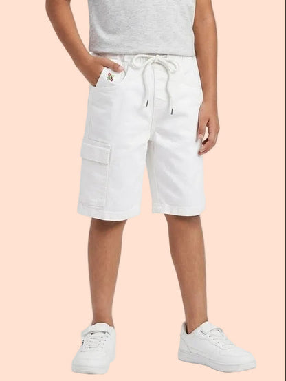 Knit N Knot Boys Solid Denim Cargo Shorts, White Stretch Denim Shorts Knee Length, Summer Cotton Casuals, Elastic with Drawstring, Kids Comfortable Fashion Wear